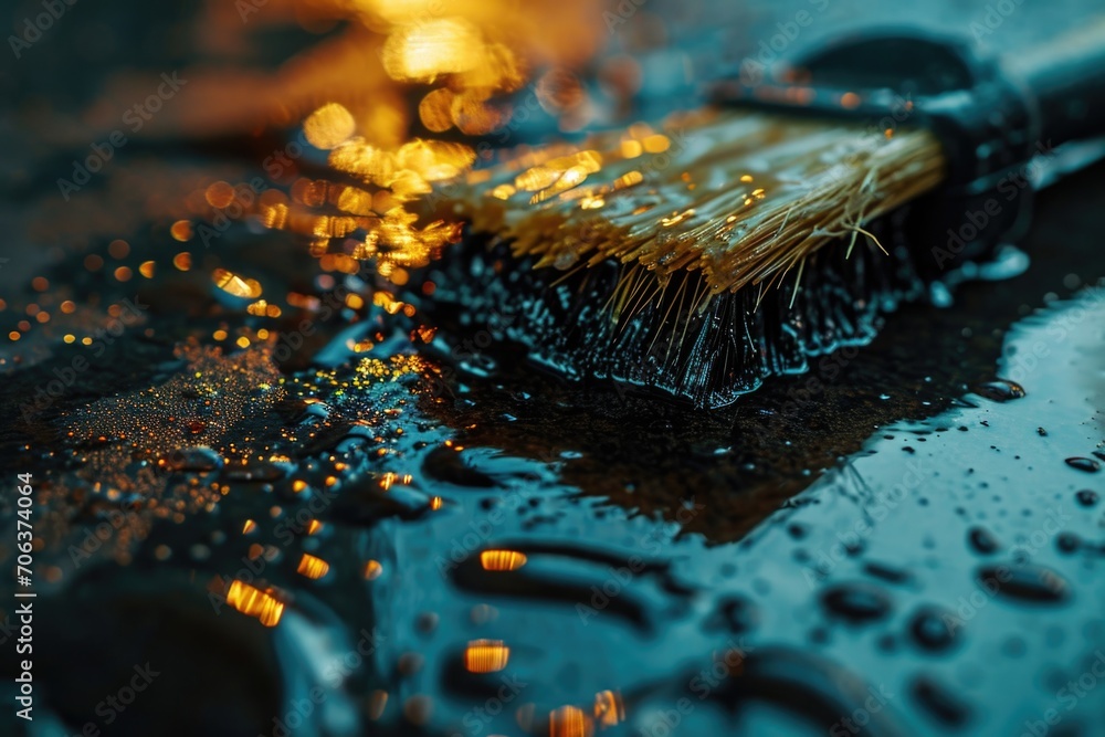 Poster a brush placed on top of a puddle of water. suitable for various artistic and creative concepts