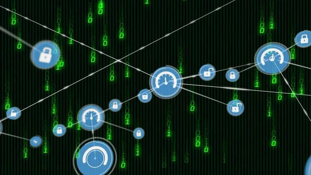 Animation of network of connections with icons over binary coding data processing