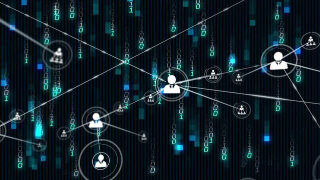 Animation of network of connections with icons over binary coding data processing