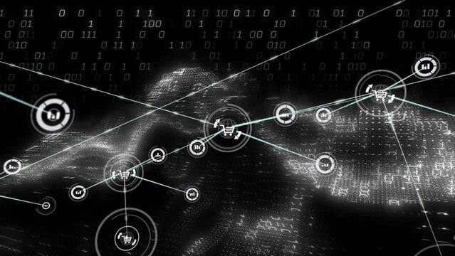 Animation of network of connections with icons over binary coding data processing