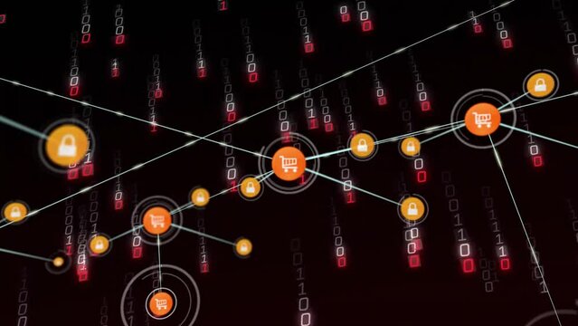 Animation of network of connections with icons over binary coding data processing