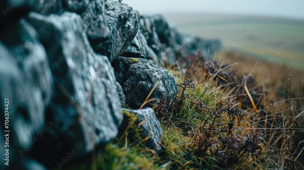 Poster A picture of a stone wall with grass growing on top. Perfect for adding a rustic touch to any design project