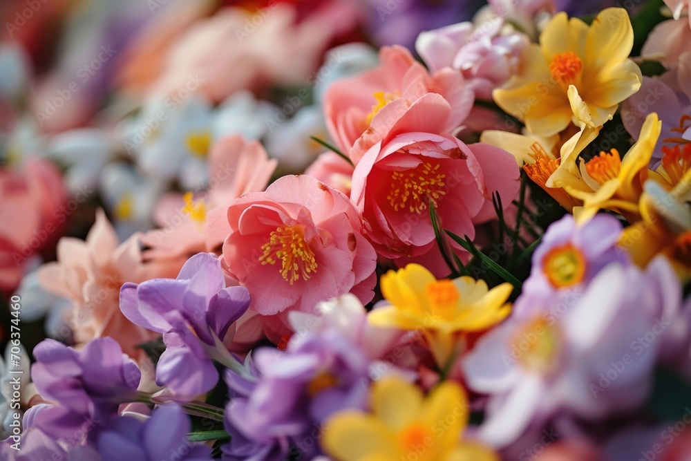 Poster A detailed view of a vibrant bunch of flowers. Perfect for adding a pop of color to any project