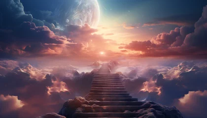 Fotobehang Recreation of stairway in a fantasy heaven © bmicrostock