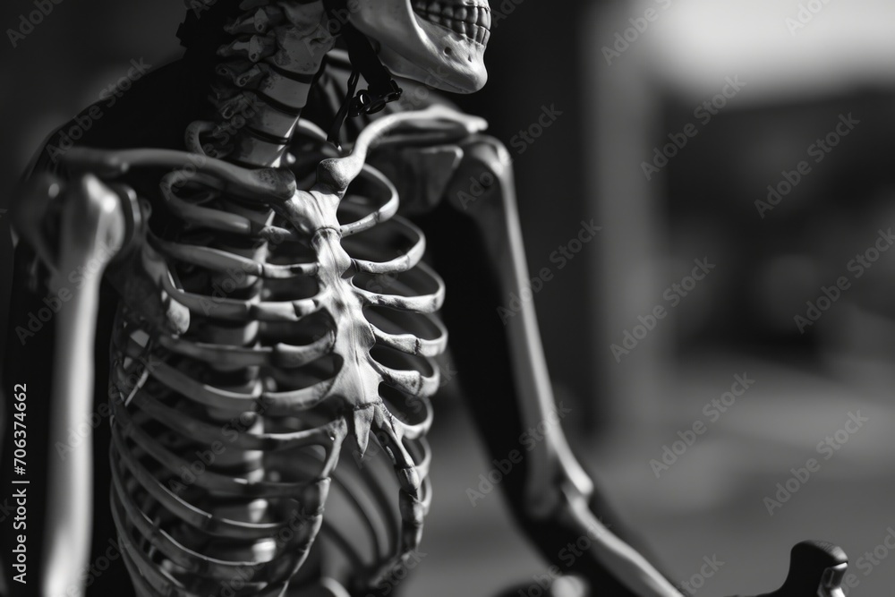 Aufkleber A skeleton is depicted sitting on top of a wooden table. This image can be used to create a spooky atmosphere or to represent death and the macabre
