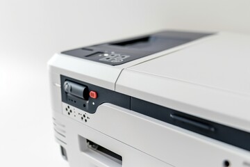 A white printer sitting on top of a table. Can be used for office or home workspace concepts
