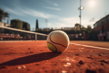 Tennis ball on tennis court. Tennis match. - obrazy, fototapety, plakaty