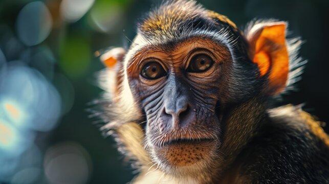 A close-up shot of a monkey's face with a blurry background. Can be used to depict wildlife, animals, or nature in general