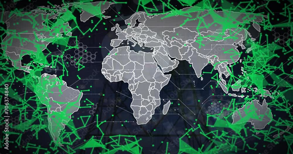 Poster animation of network of connections and data processing over continents on black background