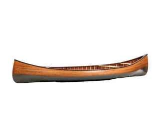 a wooden canoe with paddles