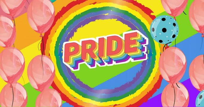 Animation of pride text in rainbow circle over colourful balloons on rainbow background