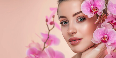 Wunderschönes Model Frauen Gesicht mit rosa Orchidee für Wellness und Spa als Poster in Nahaufnahme im Querformat, ai generativ