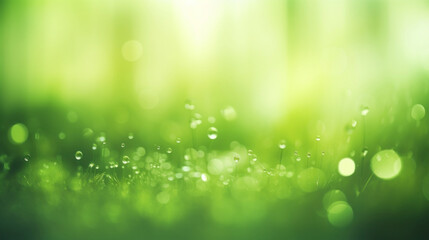 Fototapeta premium Close-up of morning dew drops on vibrant green grass with a soft focus and sunlight filtering through.