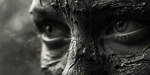 A close-up shot of a person's face completely covered in mud. This image can be used to depict themes such as dirt, messiness, or even resilience and determination