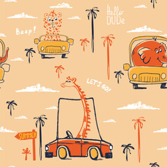 Giraffe cheetah elephant car funny cool summer t-shirt seamless pattern. Road trip vacation