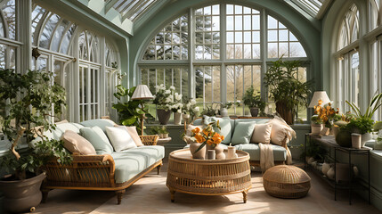 Interior design for a conservatory in a pale sage green colour scheme - obrazy, fototapety, plakaty