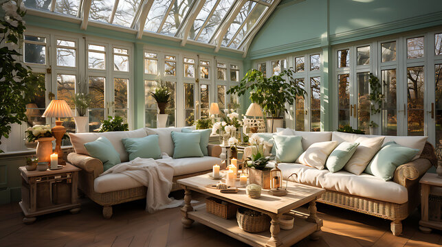 Interior Design For A Conservatory In A Pale Sage Green Colour Scheme