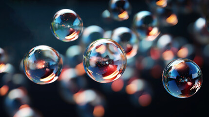 Clearly flying bubbles transparent in different sizes on grey unfocused background
