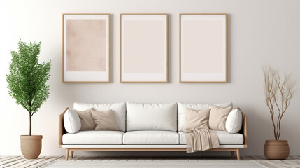 Mock-Up Gallery: Beige Sofa and Poster Frames in Mid-Century Living Room