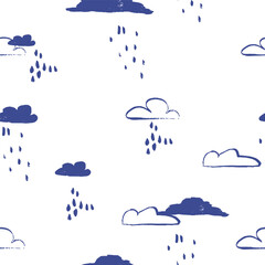 Small rainy clouds seamless pattern. Hand drawn summer or autumn sky organic shapes. Rain drops - 706375807