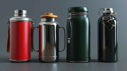Four different colored water bottles placed together. Ideal for advertising, health and wellness articles, or eco-friendly campaigns