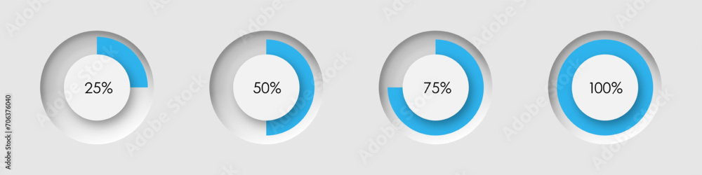 Poster set of pie charts from 25 to 100% for infographic design. loading circle icon in neomorphism style. 