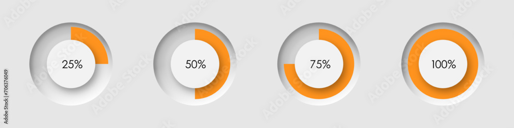 Poster set of pie charts from 25 to 100% for infographic design. loading circle icon in neomorphism style. 