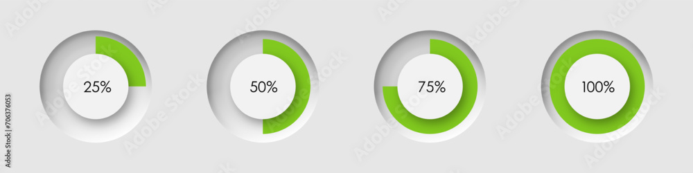 Poster set of pie charts from 25 to 100% for infographic design. loading circle icon in neomorphism style. 