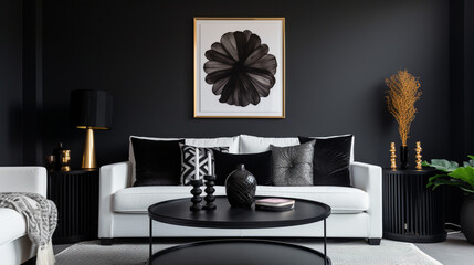 Sleek Sophistication: Modern Living Room with Black Wooden Coffee Table and Poster Frame