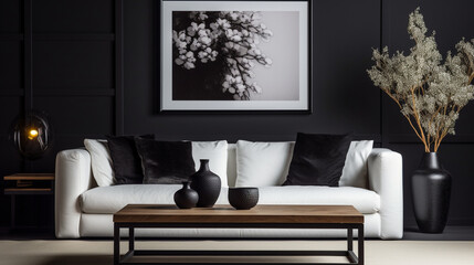 Contrast Elegance: Black and White Art Deco Living Room with Poster Frame