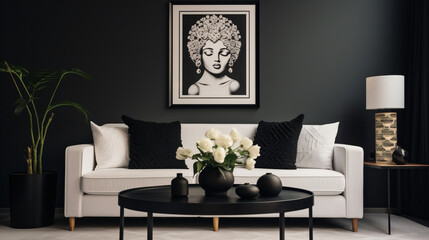 Contrast Elegance: Black and White Art Deco Living Room with Poster Frame
