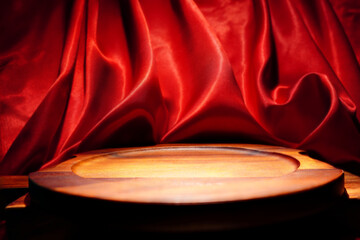 empty wooden floor Elegant wavy red cloth backdrop (Focus on a specific point)