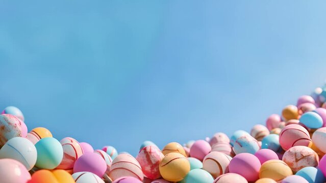 Easter eggs in the bright blue sky. Colorful painted Easter nature spring scene background. Beautiful colorful eggs over blue sky with sun. moving copy space Happy Easter