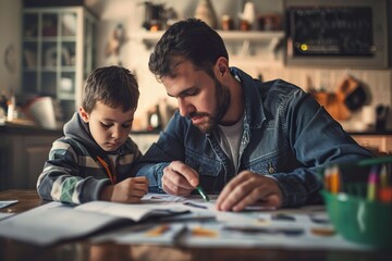 Fototapeta na wymiar Dad helps son to do homework at home