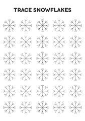 Trace snowflakes. Worksheets for kids. Preschool education.