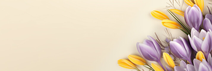 Obraz premium Crocus decorated on light yellow background with space for text