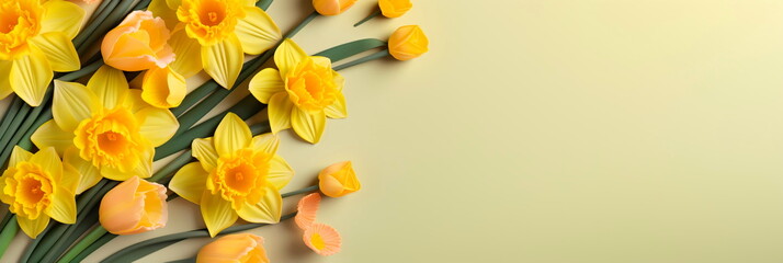 Greetings for Mother's Day with yellow daffodil flowers, Birthday, Women's Day with copy space for design. Top view, flat lay. Generative AI - obrazy, fototapety, plakaty