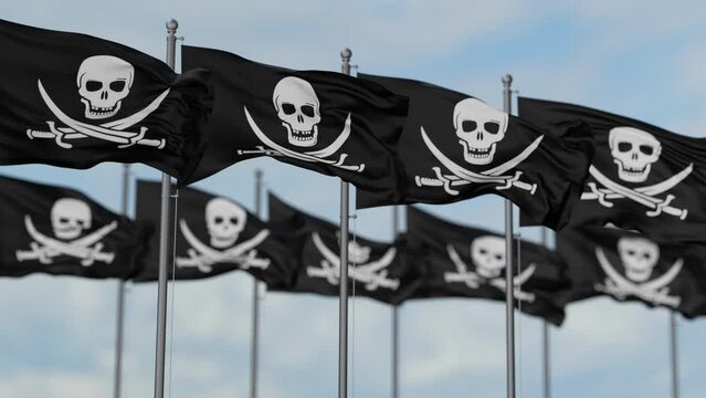 Corsair or Danger flag, a symbol of piracy, navy or software, waving in the wind infinity loop