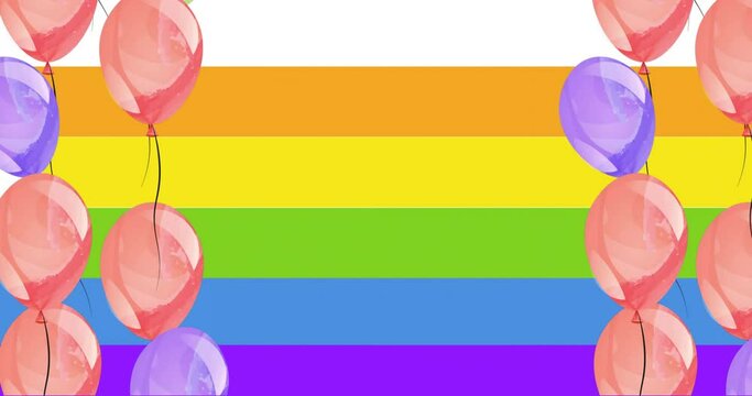 Animation of pride text with unicorn in rainbow circle over colourful balloons on rainbow background