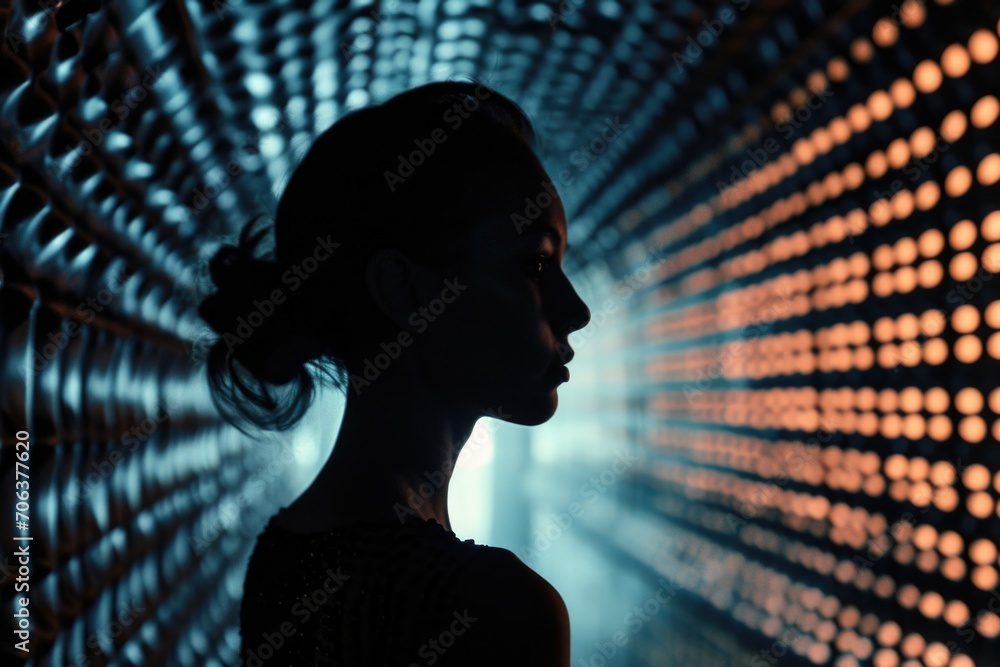 Poster a woman standing in front of a vibrant wall of lights. this picture can be used to add a touch of el