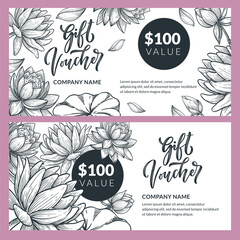 Fototapeta premium Gift card, voucher, coupon vector design. Banner layout with lotus flowers. Hand drawn sketch floral illustration