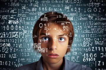 Eyes of teenager boy against blackboard background with equations. Blackboard filled with math formulas background. - obrazy, fototapety, plakaty