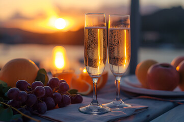 Romantic dinner at sunset on the seashore. Fruits and two glasses of champagne. Valentines Day Date