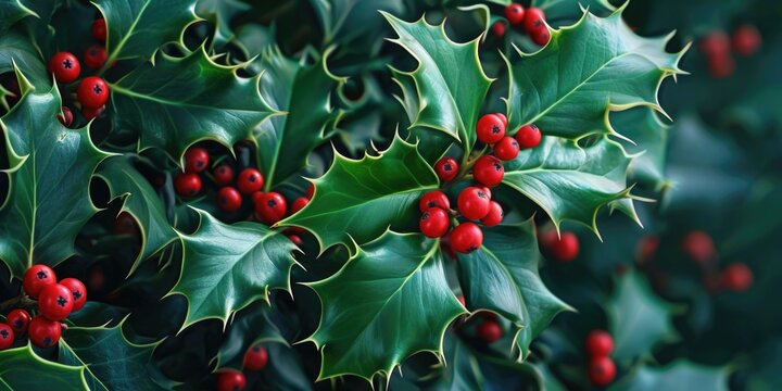 A bush of holly leaves with red berries. Suitable for holiday decorations and festive designs