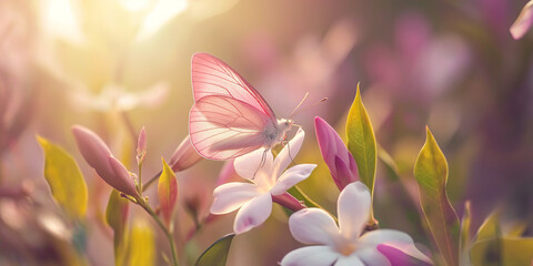 Rosa Schmetterling sitzt auf Blumen in schönen Pastell Farbe und schönem Sonnenlicht, ai generativ