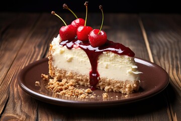 Piece of cake with berries on wooden background