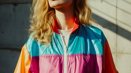 young woman wearing colorful 90s track suit polished concrete background, sun and shadows, candid, close up