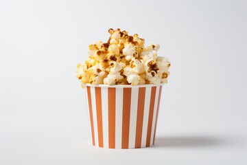 Paper cup with popcorn on white background