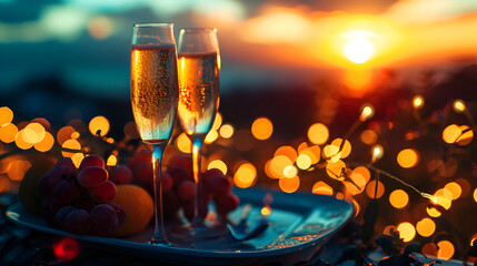 Romantic dinner at sunset on the seashore. Fruits and two glasses of champagne. Valentines Day Date