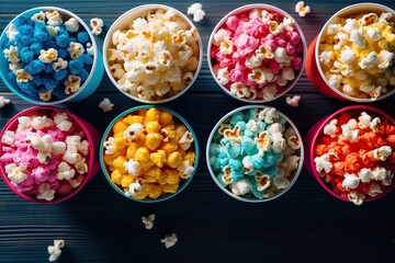 Paper cups with colorful popcorn on wooden background